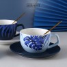 Κεραμική Κούπα 200ml "Γαλάζια Φύλλα" με κουταλάκι και πιατάκι (G364)