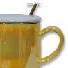 Κεραμική Κούπα 300ml μίνιμαλ ιριδίζων περλέ κίτρινο με κουταλάκι και καπάκι (G438)