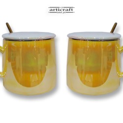 Κεραμική Κούπα 300ml μίνιμαλ ιριδίζων περλέ κίτρινο με κουταλάκι και καπάκι (G438)