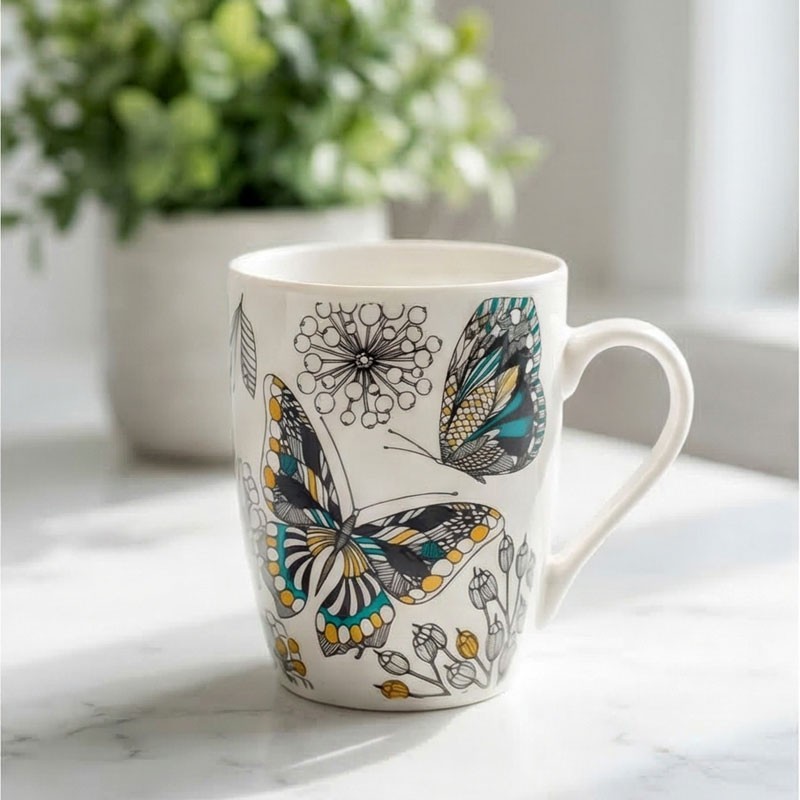 Κεραμική Κούπα 390ml με σχέδιο, "Butterflies - Flowers" (G784)