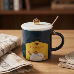 Κεραμική Κούπα 350ml "A Lazy Cat", με καπάκι και κουταλάκι (G790)