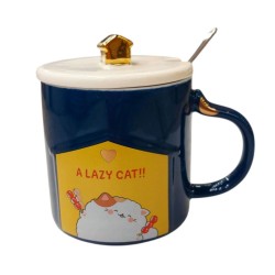 Κεραμική Κούπα 350ml "A Lazy Cat", με καπάκι και κουταλάκι (G790)